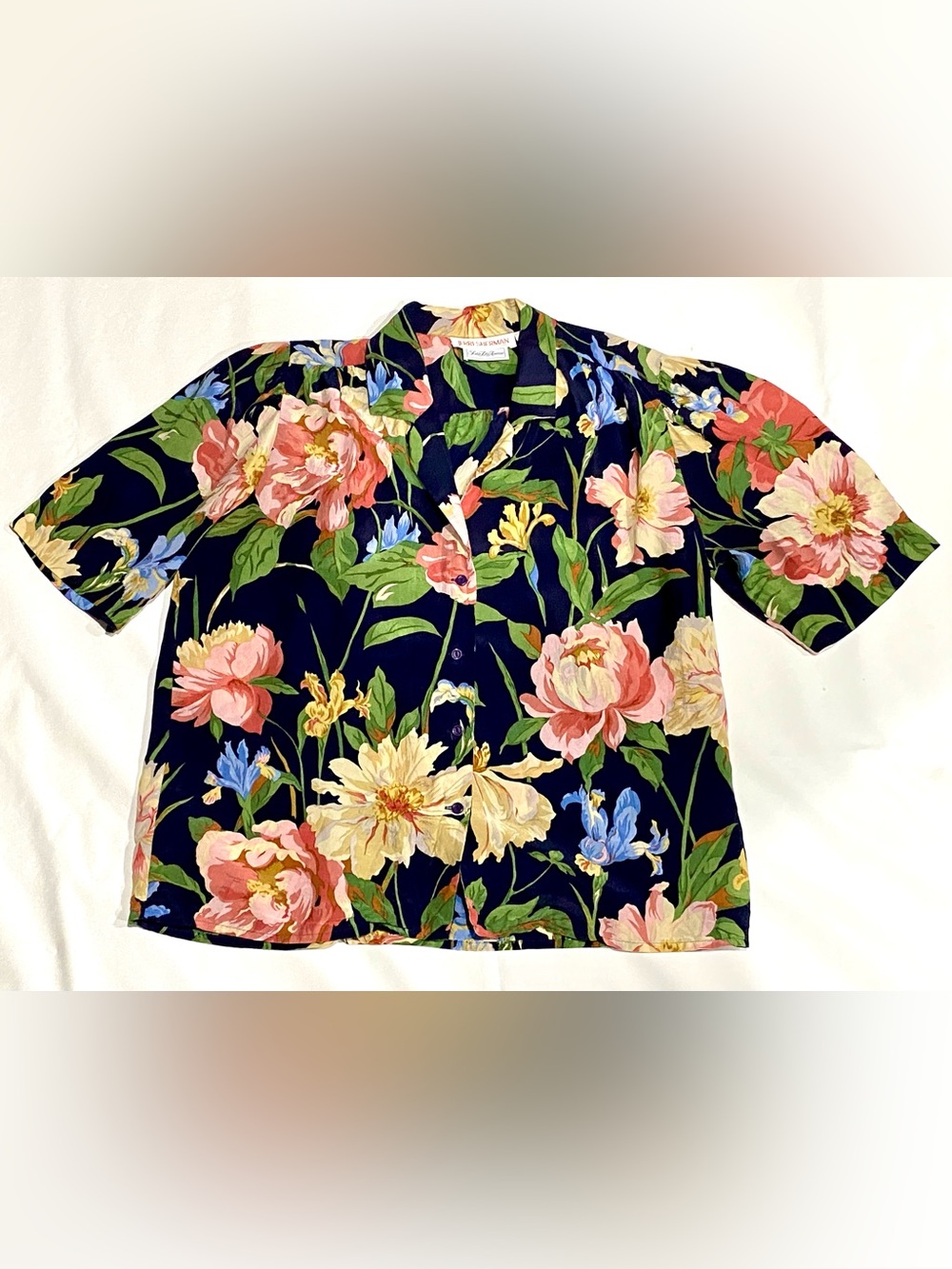 Jerri Sherman for Saks Fifth Ave. Vintage Navy Floral Silk Blouse Button Front M